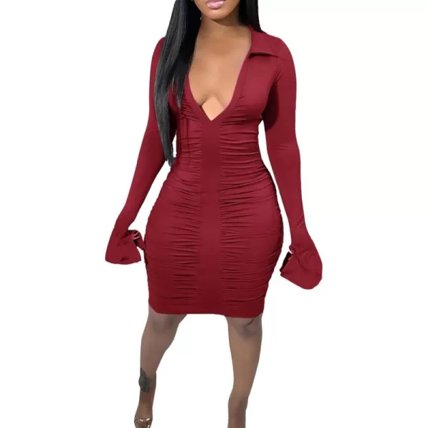 LYANER Women's Collar Low Cut V Neck Ruched Long Sleeve Bodycon Club Mini Dress