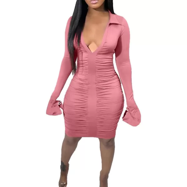 LYANER Women's Collar Low Cut V Neck Ruched Long Sleeve Bodycon Club Mini Dress