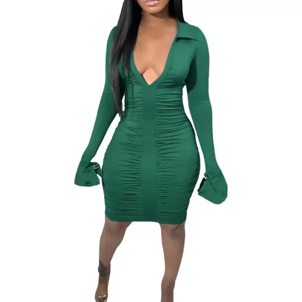 LYANER Women's Collar Low Cut V Neck Ruched Long Sleeve Bodycon Club Mini Dress