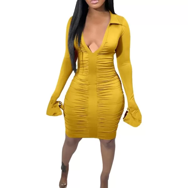 LYANER Women's Collar Low Cut V Neck Ruched Long Sleeve Bodycon Club Mini Dress