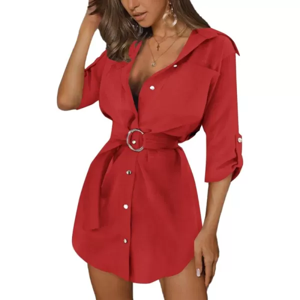 LYANER Women's Collar V Neck Belted High Low Roll Half Sleeve Pocket Front Office Mini Dress