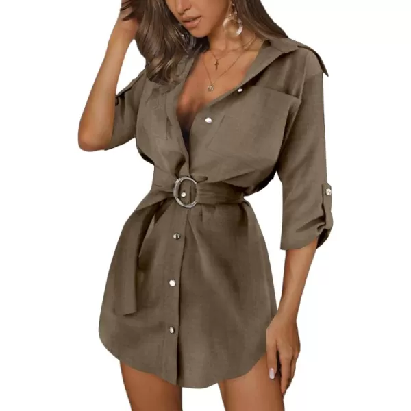 LYANER Women's Collar V Neck Belted High Low Roll Half Sleeve Pocket Front Office Mini Dress