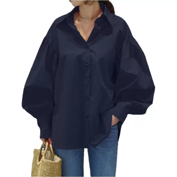 LYANER Women's Collar V Neck Lantern Long Sleeve Blouse Button Dwon Loose Shirt Top