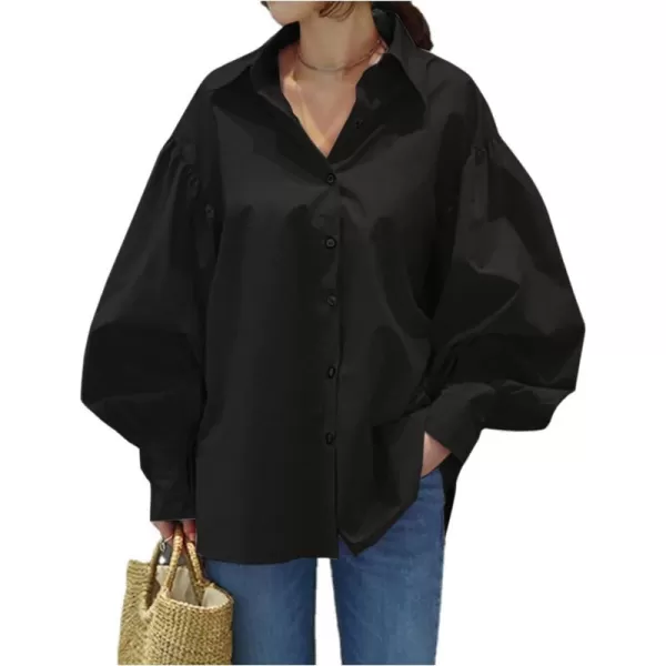 LYANER Women's Collar V Neck Lantern Long Sleeve Blouse Button Dwon Loose Shirt Top