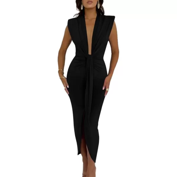LYANER Women's Deep V Neck Pads Shoulder Ruched Split Slit Front Sleeveless Bodycon Midi Dress