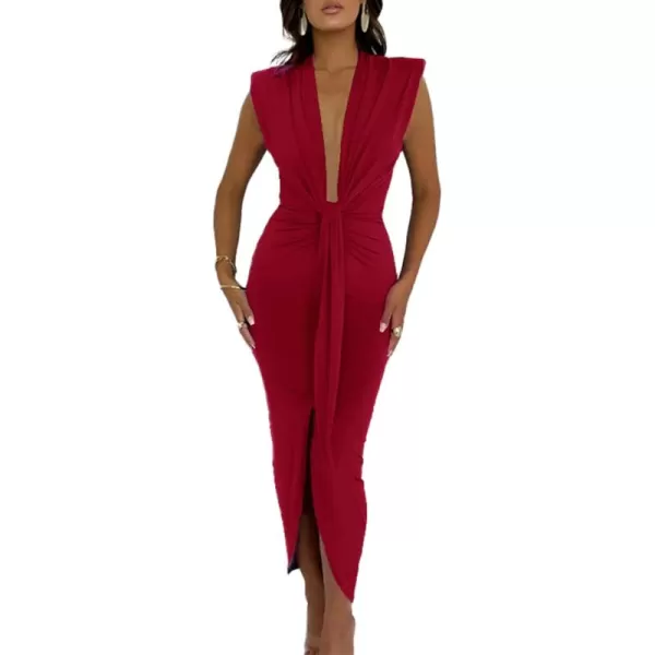 LYANER Women's Deep V Neck Pads Shoulder Ruched Split Slit Front Sleeveless Bodycon Midi Dress