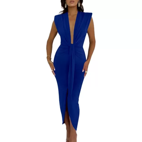 LYANER Women's Deep V Neck Pads Shoulder Ruched Split Slit Front Sleeveless Bodycon Midi Dress