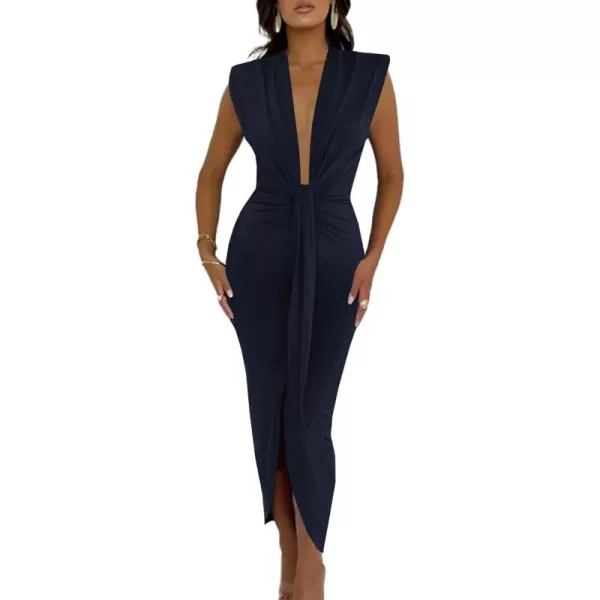 LYANER Women's Deep V Neck Pads Shoulder Ruched Split Slit Front Sleeveless Bodycon Midi Dress