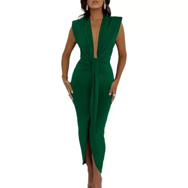 LYANER Women's Deep V Neck Pads Shoulder Ruched Split Slit Front Sleeveless Bodycon Midi Dress
