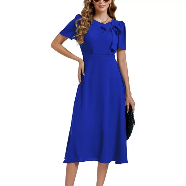 LYANER Women's Elegant Bow Tie Crew Neck Short Sleeve Ruffle A-Line Swing Midi Dress