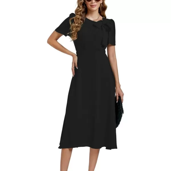 LYANER Women's Elegant Bow Tie Crew Neck Short Sleeve Ruffle A-Line Swing Midi Dress