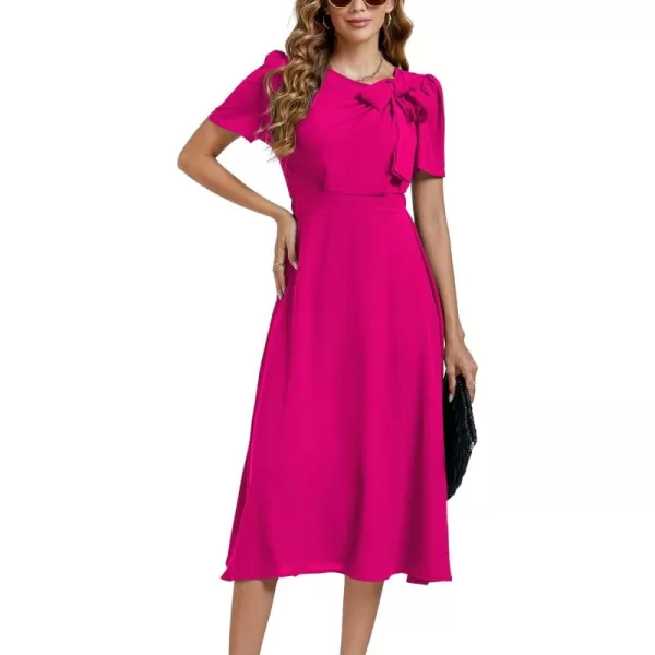LYANER Women's Elegant Bow Tie Crew Neck Short Sleeve Ruffle A-Line Swing Midi Dress