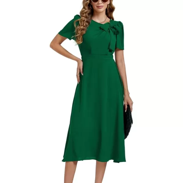 LYANER Women's Elegant Bow Tie Crew Neck Short Sleeve Ruffle A-Line Swing Midi Dress