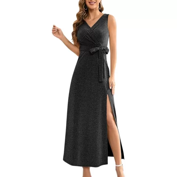 LYANER Women's Elegant Wrap V Neck Sparkly Glitter High Waist Belt Sleeveless Split Maxi Party Dress