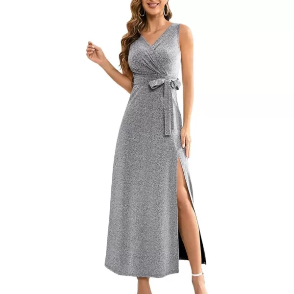 LYANER Women's Elegant Wrap V Neck Sparkly Glitter High Waist Belt Sleeveless Split Maxi Party Dress
