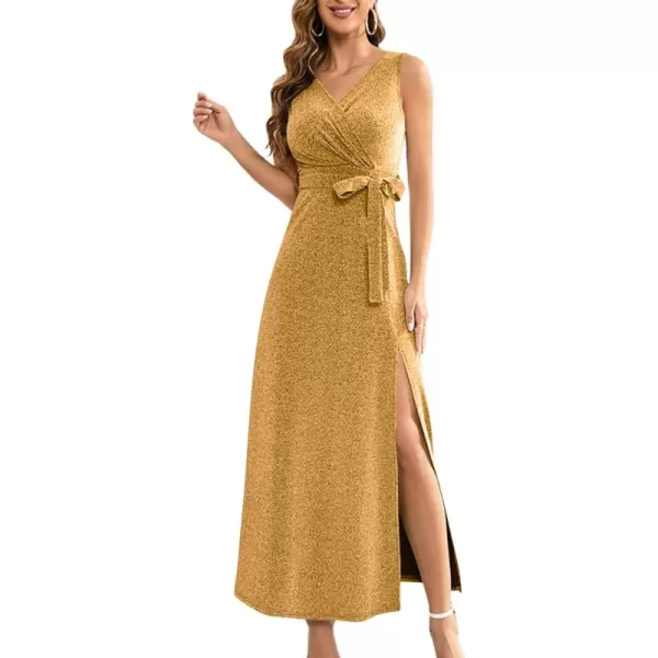 LYANER Women's Elegant Wrap V Neck Sparkly Glitter High Waist Belt Sleeveless Split Maxi Party Dress