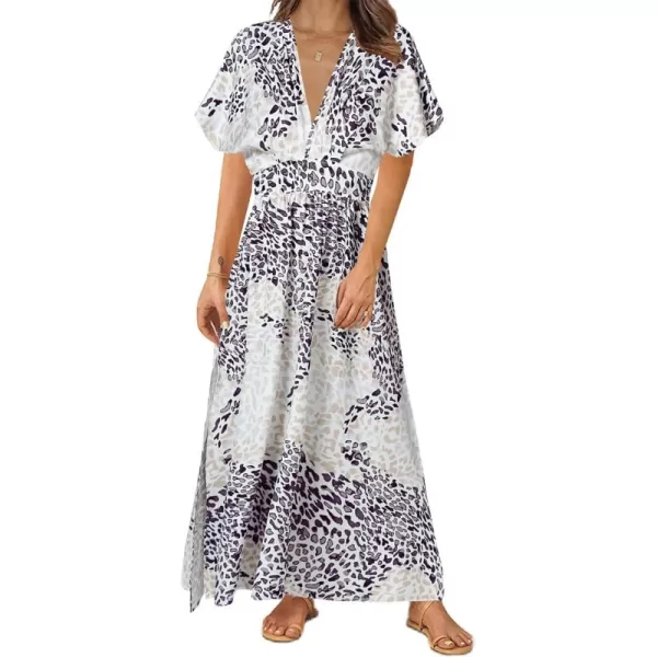 LYANER Women's Floral Boho Deep V Neck Batwing Short Sleeve High Waist Split Slit Shift Dress