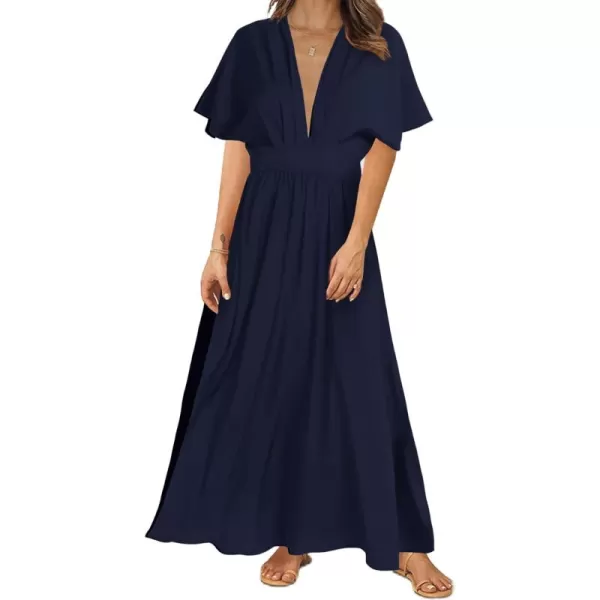 LYANER Women's Floral Boho Deep V Neck Batwing Short Sleeve High Waist Split Slit Shift Dress