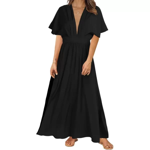 LYANER Women's Floral Boho Deep V Neck Batwing Short Sleeve High Waist Split Slit Shift Dress