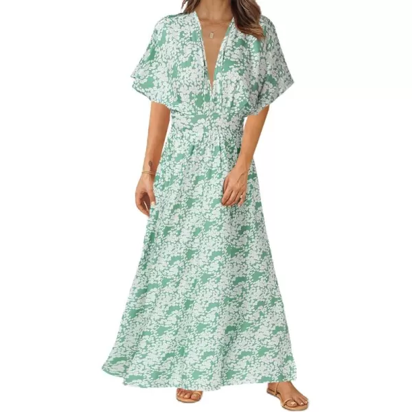 LYANER Women's Floral Boho Deep V Neck Batwing Short Sleeve High Waist Split Slit Shift Dress