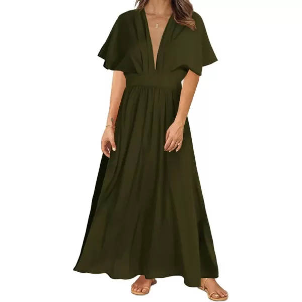 LYANER Women's Floral Boho Deep V Neck Batwing Short Sleeve High Waist Split Slit Shift Dress