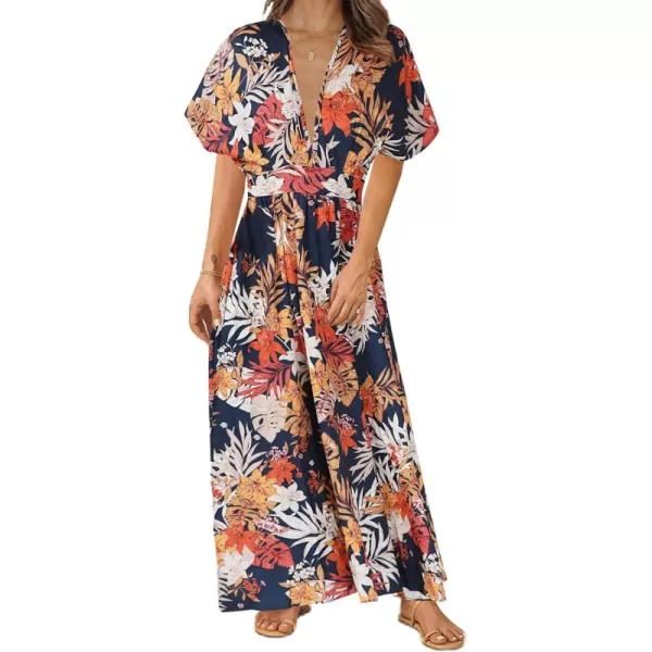 LYANER Women's Floral Boho Deep V Neck Batwing Short Sleeve High Waist Split Slit Shift Dress