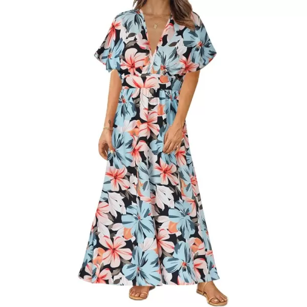 LYANER Women's Floral Boho Deep V Neck Batwing Short Sleeve High Waist Split Slit Shift Dress