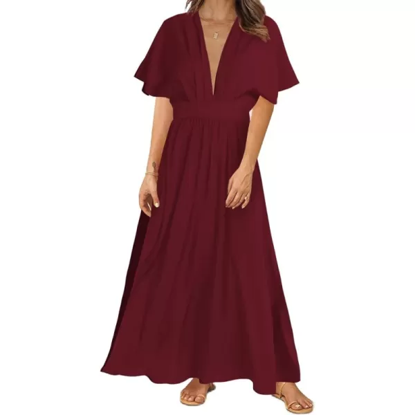 LYANER Women's Floral Boho Deep V Neck Batwing Short Sleeve High Waist Split Slit Shift Dress