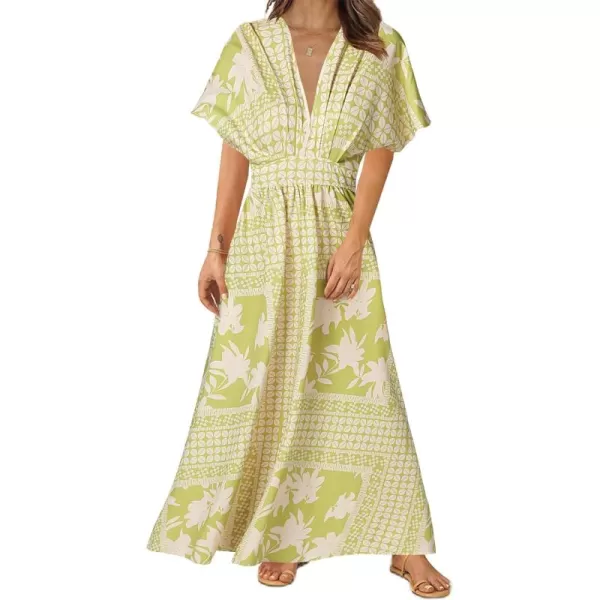LYANER Women's Floral Boho Deep V Neck Batwing Short Sleeve High Waist Split Slit Shift Dress