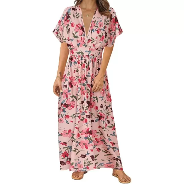 LYANER Women's Floral Boho Deep V Neck Batwing Short Sleeve High Waist Split Slit Shift Dress
