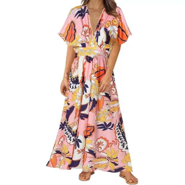 LYANER Women's Floral Boho Deep V Neck Batwing Short Sleeve High Waist Split Slit Shift Dress