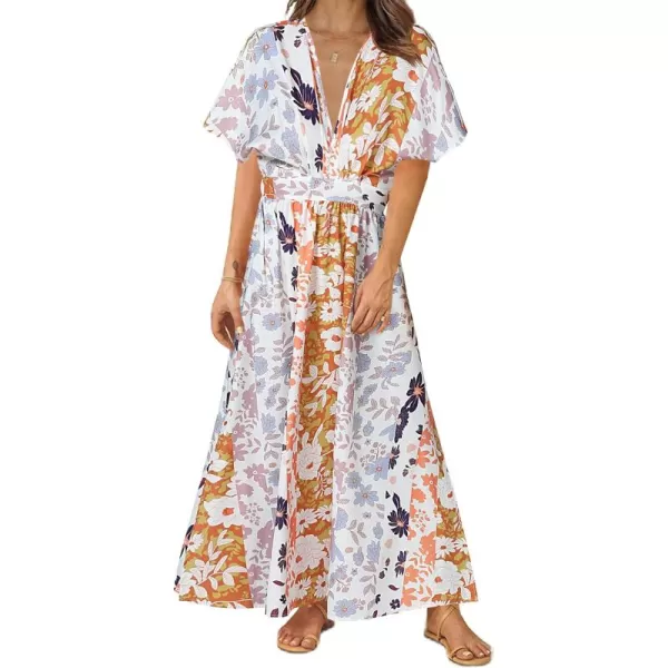 LYANER Women's Floral Boho Deep V Neck Batwing Short Sleeve High Waist Split Slit Shift Dress