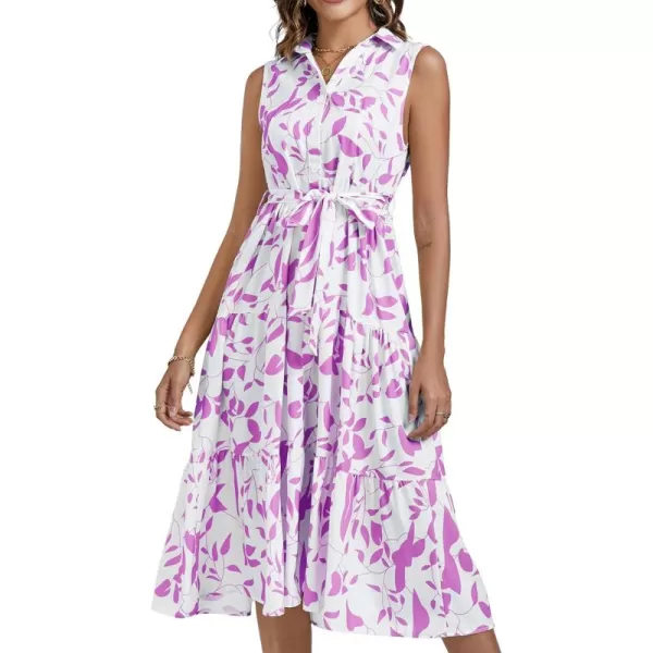 LYANER Women's Floral Button Up Collar Tie Waist Tiered Ruffle Sleeveless Midi Dress
