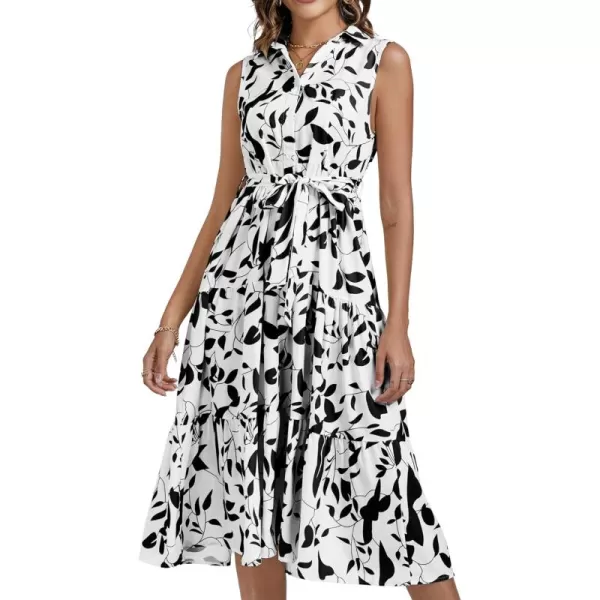 LYANER Women's Floral Button Up Collar Tie Waist Tiered Ruffle Sleeveless Midi Dress