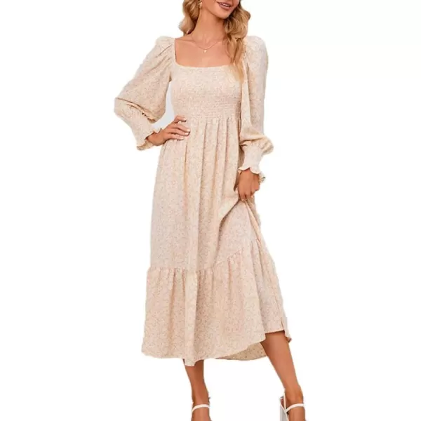 LYANER Women's Floral Shirred Square Neck Pleated Ruffle Flowy Hem Beach Midi Dress
