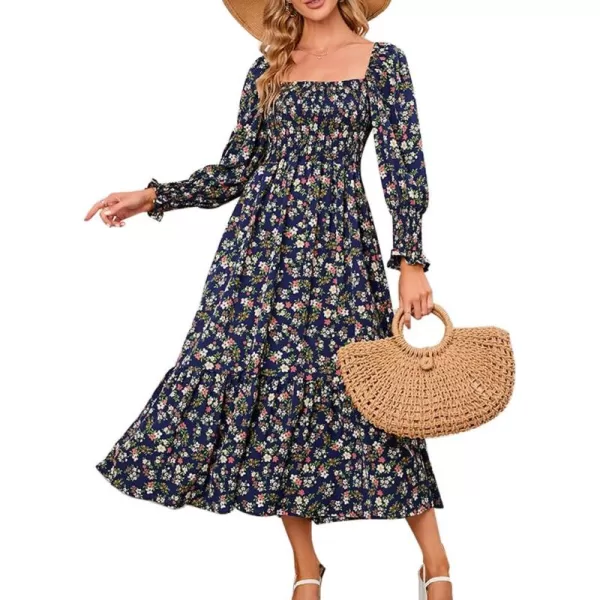 LYANER Women's Floral Shirred Square Neck Pleated Ruffle Flowy Hem Beach Midi Dress