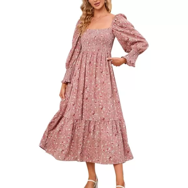 LYANER Women's Floral Shirred Square Neck Pleated Ruffle Flowy Hem Beach Midi Dress