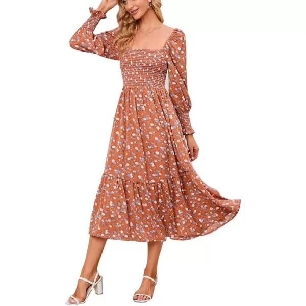 LYANER Women's Floral Shirred Square Neck Pleated Ruffle Flowy Hem Beach Midi Dress