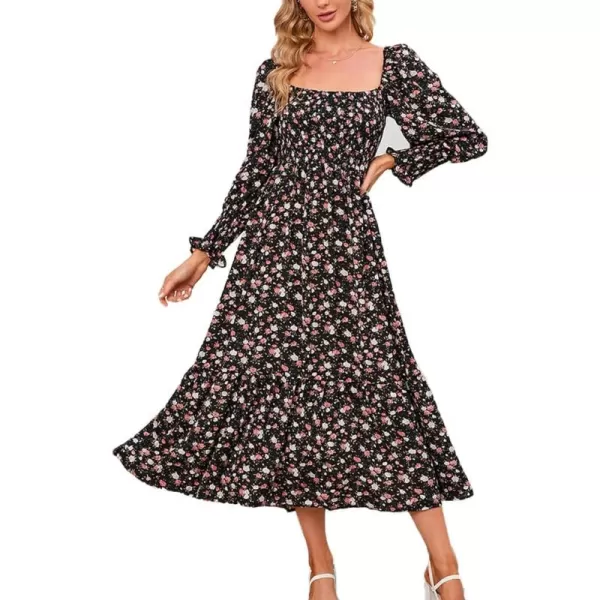 LYANER Women's Floral Shirred Square Neck Pleated Ruffle Flowy Hem Beach Midi Dress