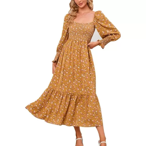 LYANER Women's Floral Shirred Square Neck Pleated Ruffle Flowy Hem Beach Midi Dress