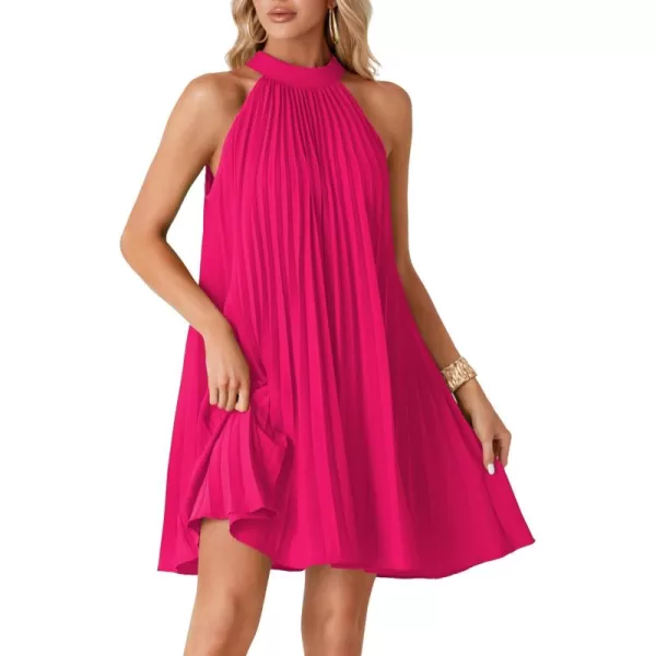 LYANER Women's Halter Pleated Tie Knot Back Sleeveless Flowy Beach Mini Dress
