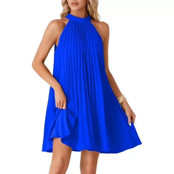 LYANER Women's Halter Pleated Tie Knot Back Sleeveless Flowy Beach Mini Dress