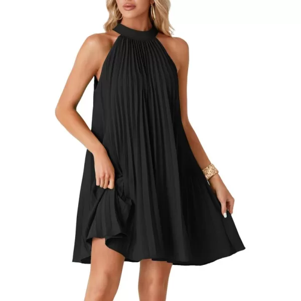 LYANER Women's Halter Pleated Tie Knot Back Sleeveless Flowy Beach Mini Dress