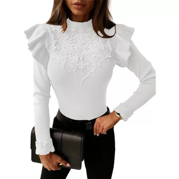 LYANER Women's Mock Neck Lace Front Ruffle Long Sleeve Knit Ribbed Top Shirt Blouse