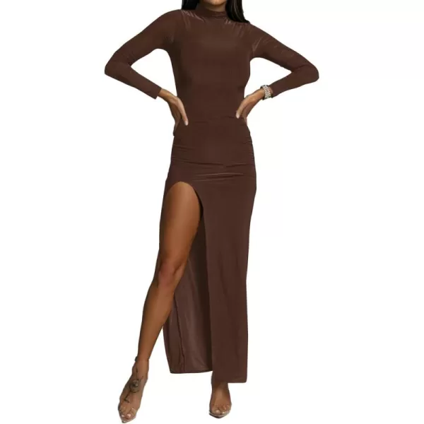 LYANER Women's Mock Neck Long Sleeve Slit Split Hem Cocktail Party Long Dress