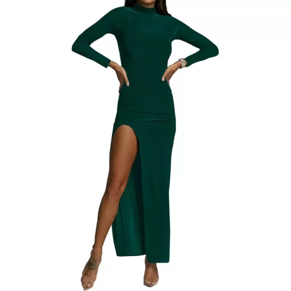 LYANER Women's Mock Neck Long Sleeve Slit Split Hem Cocktail Party Long Dress
