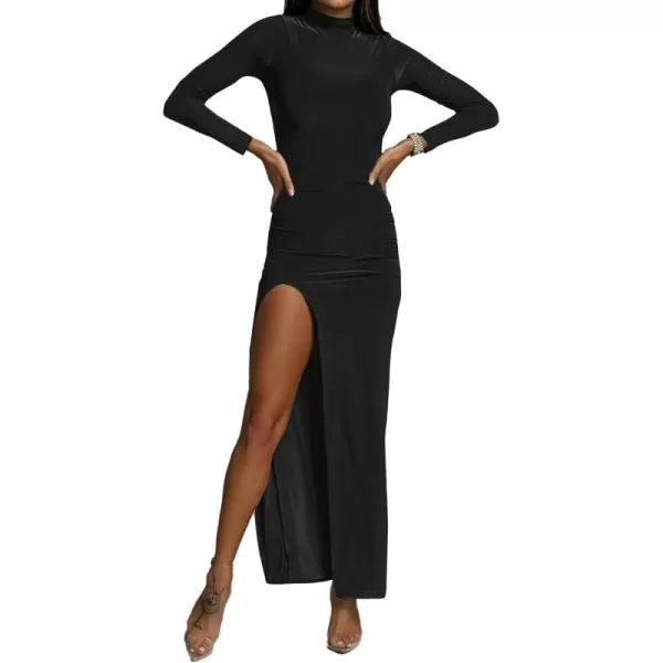 LYANER Women's Mock Neck Long Sleeve Slit Split Hem Cocktail Party Long Dress