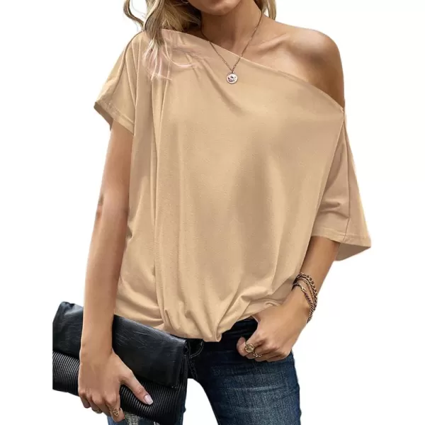 LYANER Women's Off Shoulder Twist Knot Batwing Sleeve Loose Tunic T Shirt Blouse Top