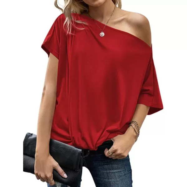 LYANER Women's Off Shoulder Twist Knot Batwing Sleeve Loose Tunic T Shirt Blouse Top