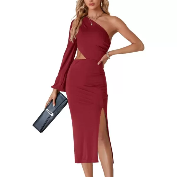 LYANER Women's One Shoulder Cut Out Split Slit Hem Long Sleeve Club Cocktail Bodycon Midi Dress